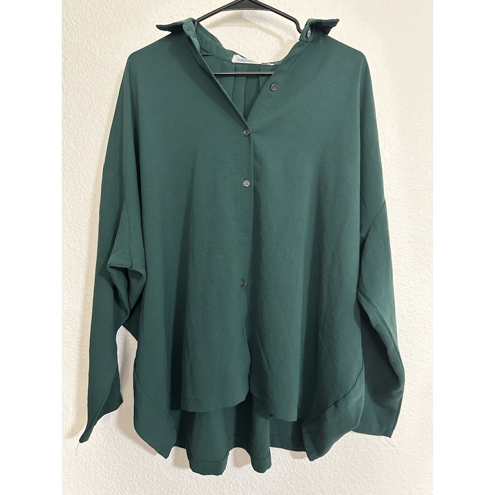 Lagenlook Button Up Green‎ Blouse Womens M Oversized Drop Shoulder Long Sleeve